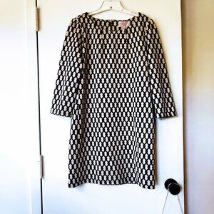 Philosophy Sz 10 Ponte Knit Black Beige Tan Chain Print Long Sleeve Shift Dress